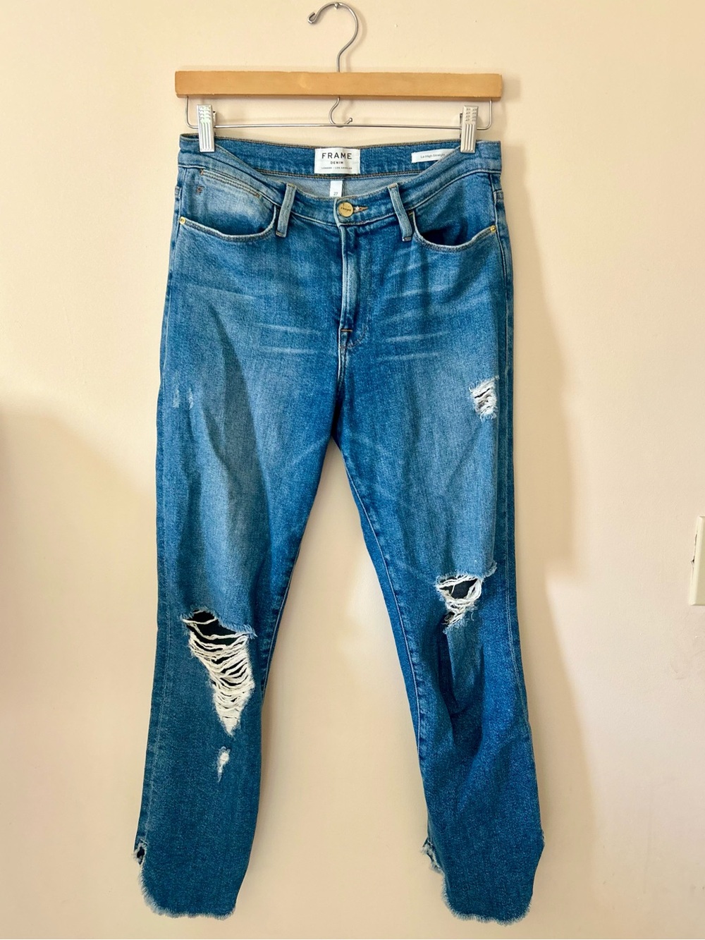 FRAME Denim Le High Straight Liveoak Distressed Raw Hem Ankle Jeans Size 27